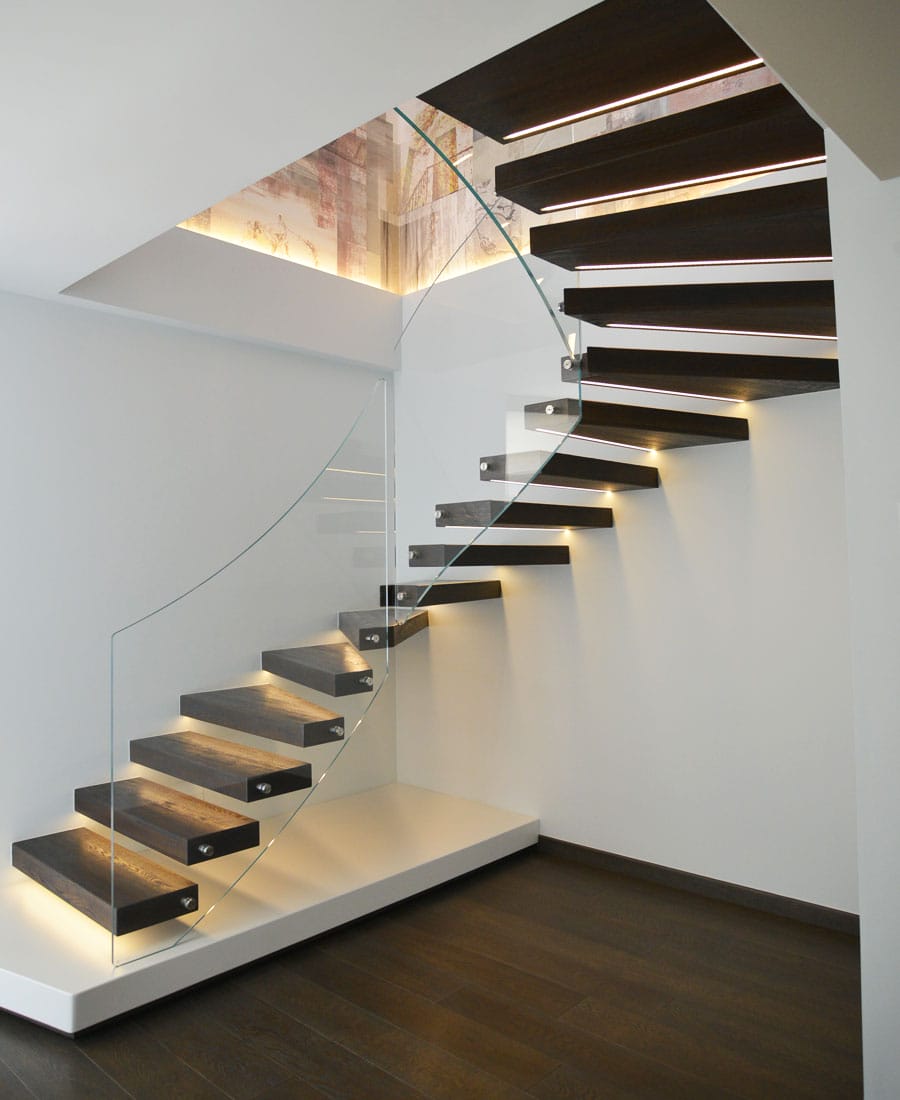 winder floating stairs with LED stair lights